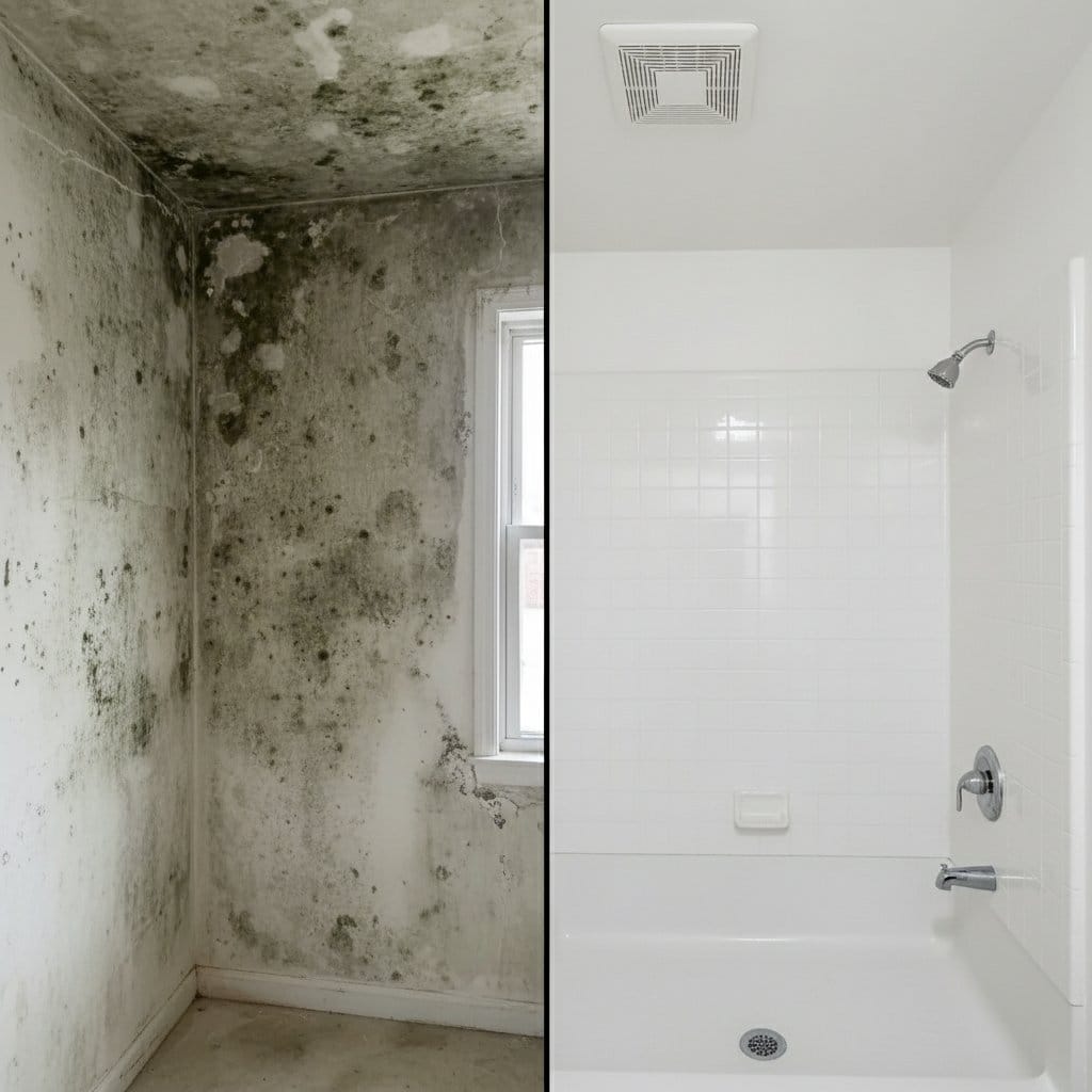 Before and after mold inspection & moisture assessment in Haworth split-level home bathroom