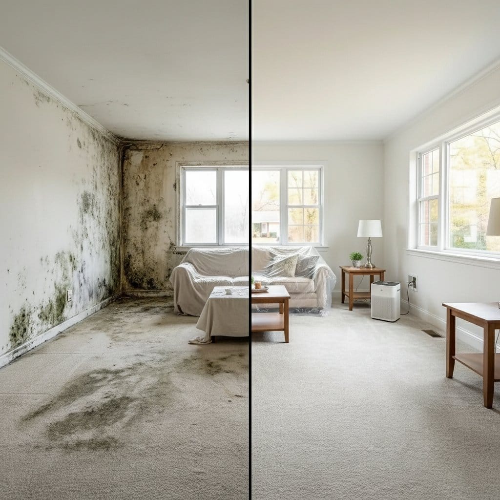 Mold Testing & Lab Reporting before and after in living room, Haworth NJ