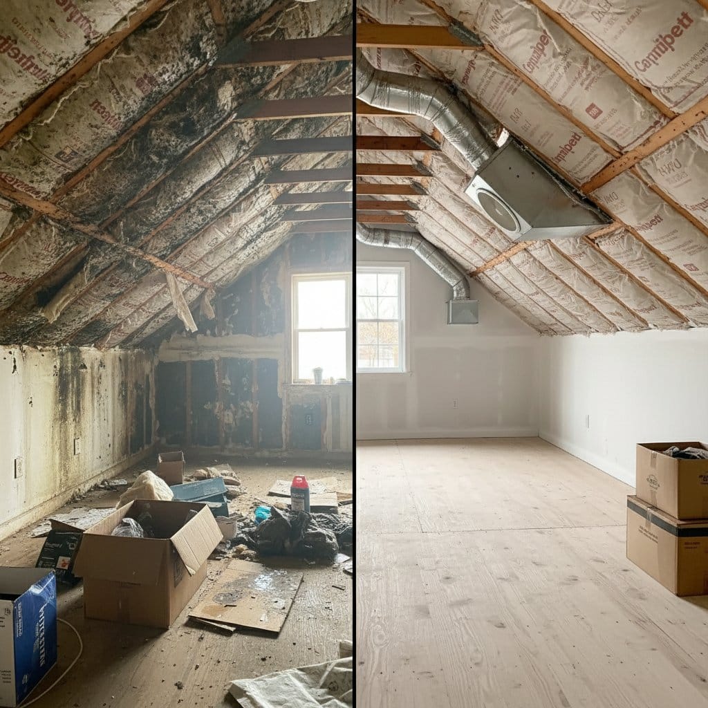 Before and after mold removal & remediation in Haworth commercial property attic space