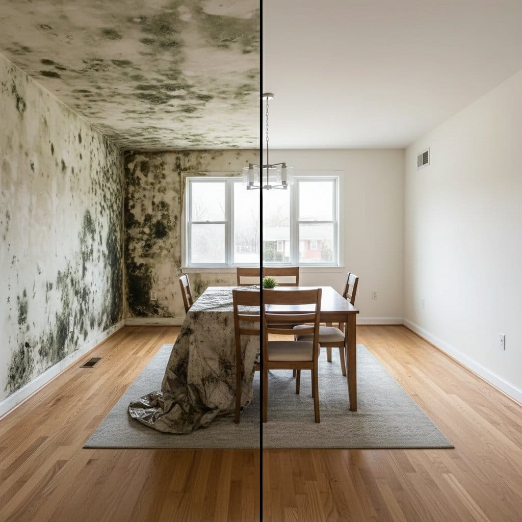 Before and after black mold removal in Haworth bungalow dining room