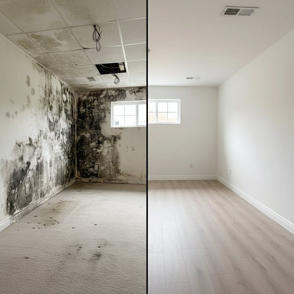 Attic & Crawl Space Mold Removal before and after in finished basement, Haworth NJ