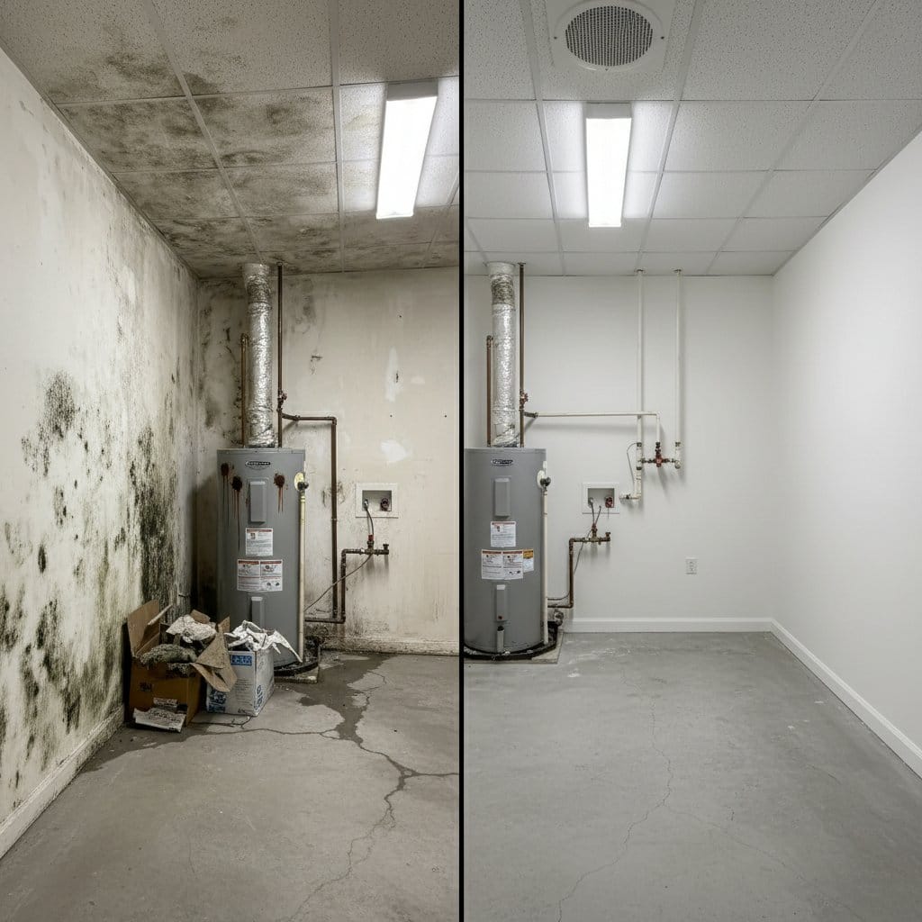 Attic & Crawl Space Mold Removal restoration β utility room of split-level home in Haworth, NJ