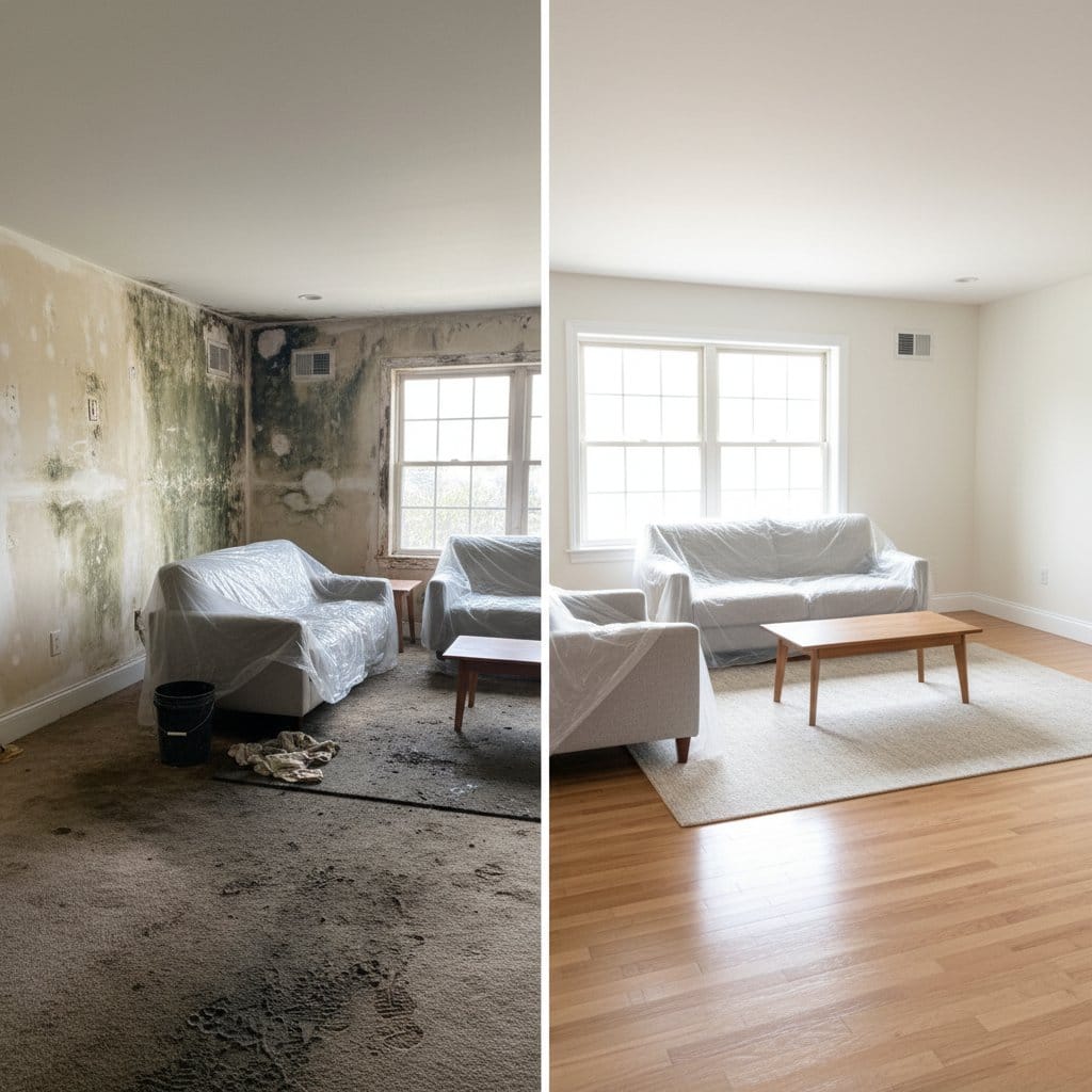 Bathroom & Kitchen Mold Removal before and after in living room, Haworth NJ