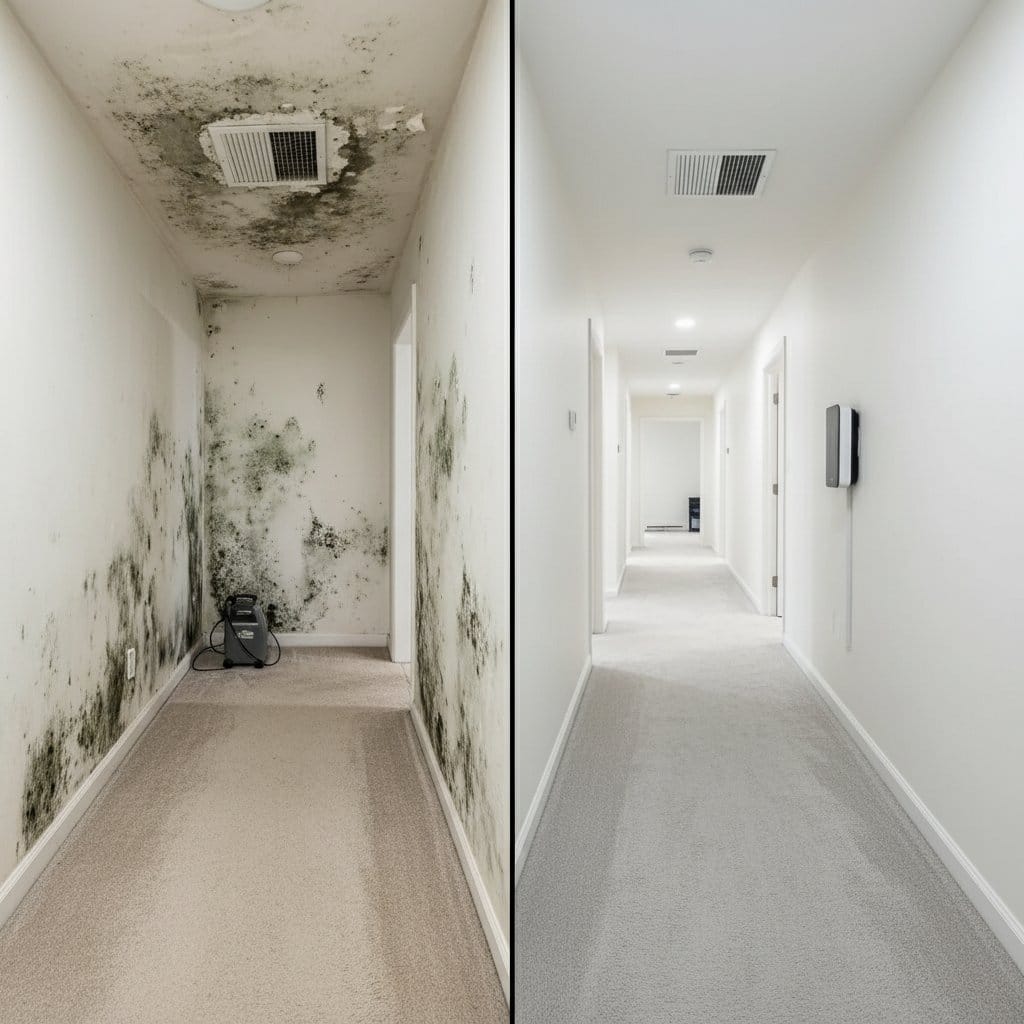 Odor Removal & Disinfection before and after in hallway, Haworth NJ