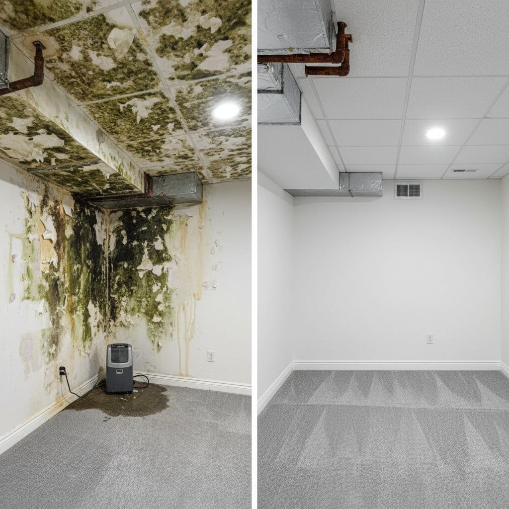 Humidity & Moisture Control Solution before and after in finished basement, Haworth NJ