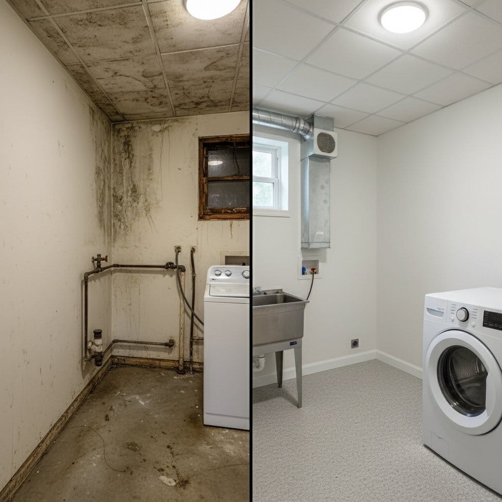 Humidity & Moisture Control Solution restoration — utility room of private residence in Haworth, NJ