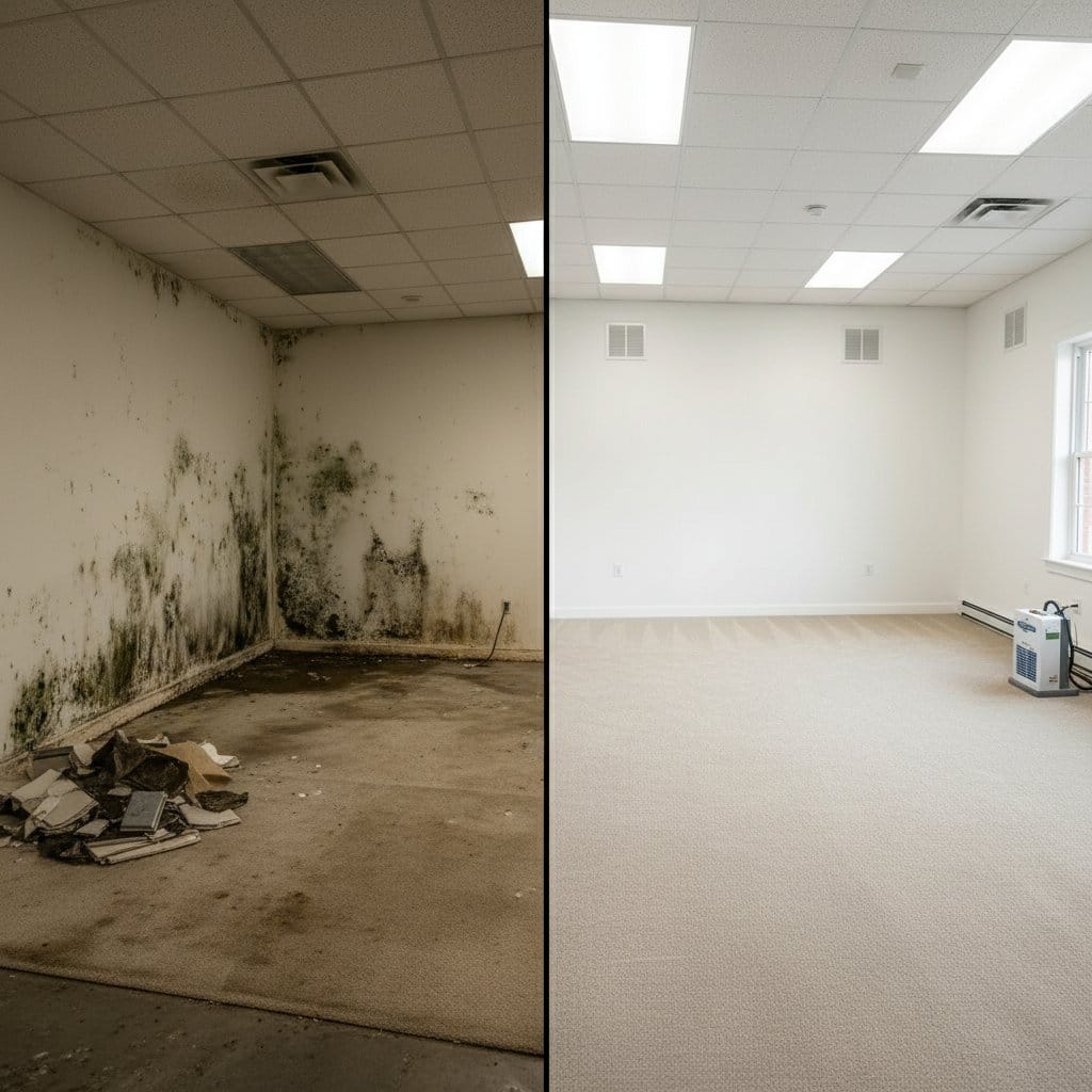 Before and after humidity & moisture control solution in Haworth townhouse storefront interior