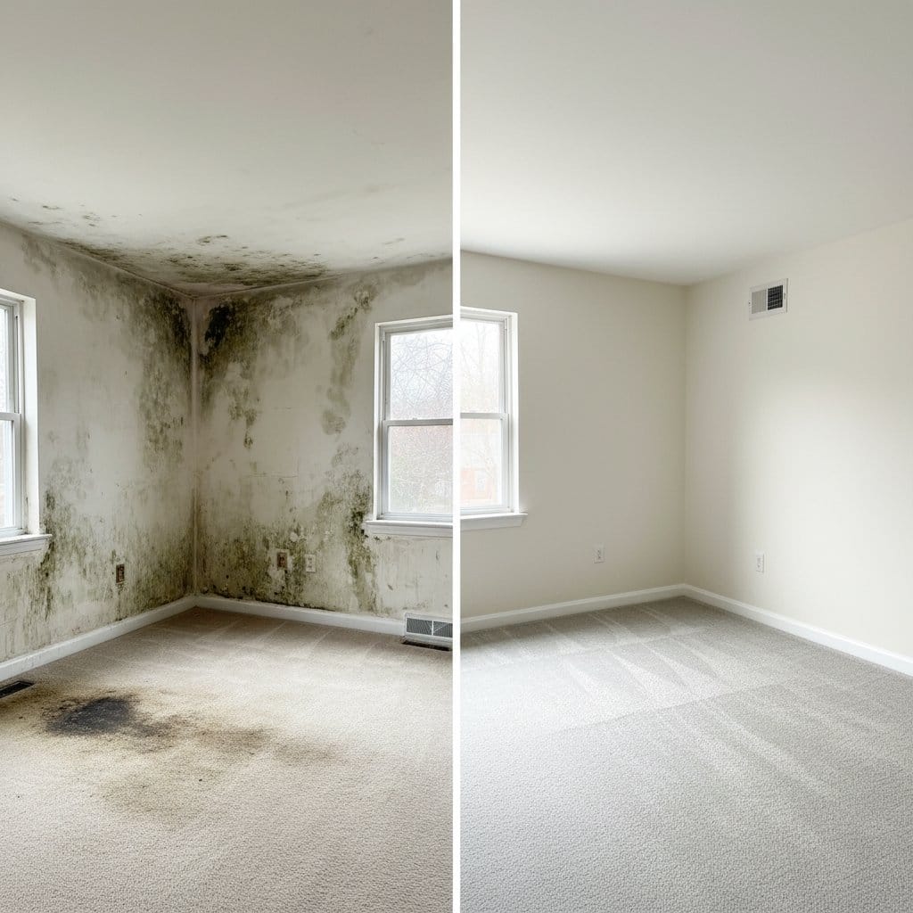 Haworth Mold Removal living room restoration before and after in Haworth